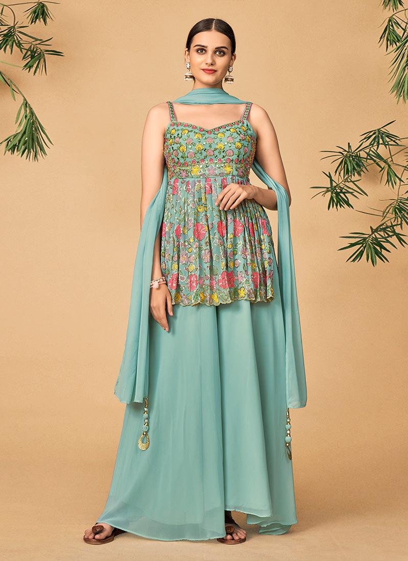 Blue Color Georgette Fabric Resham Work Palazzo Salwar Suit Shop Offer