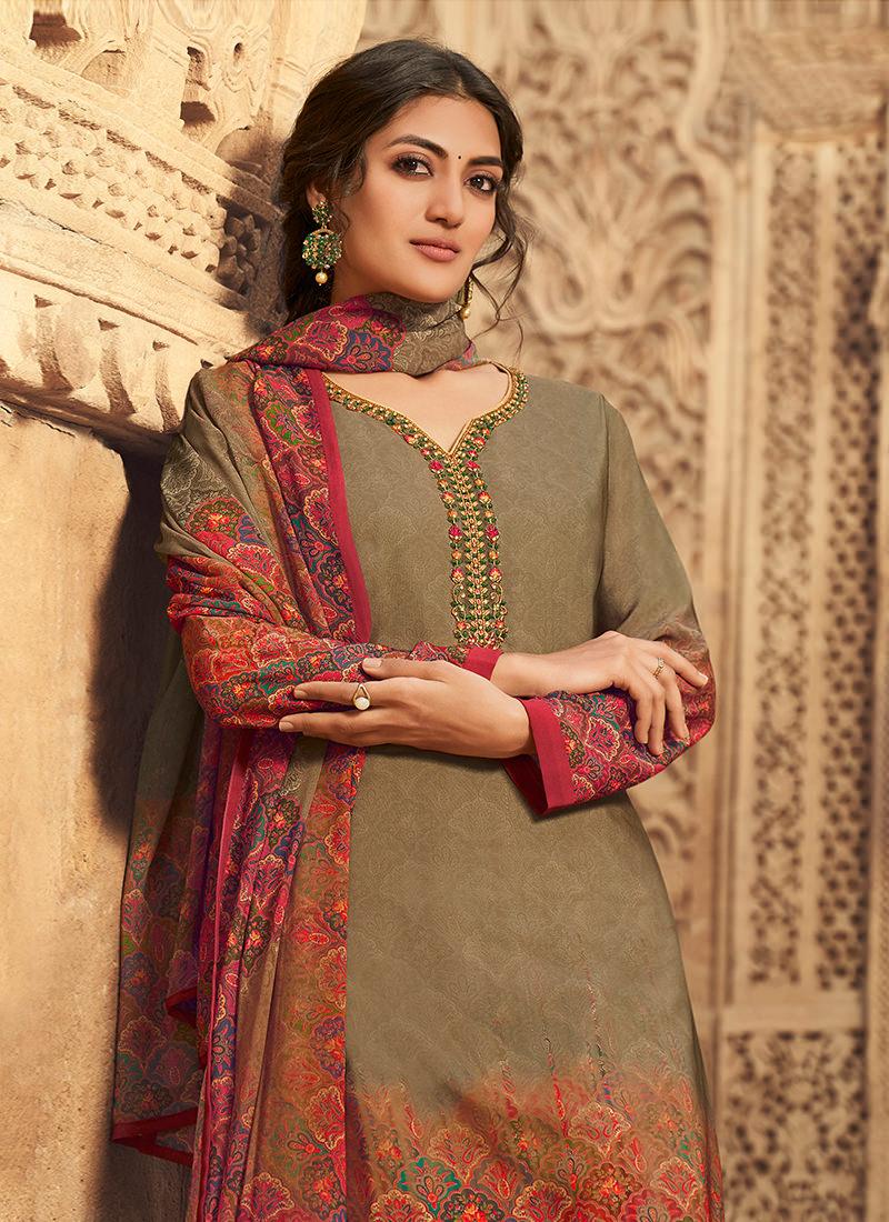 Digital Print With Embroidered Brown Palazzo Suit Pay With Visa Cheap Online