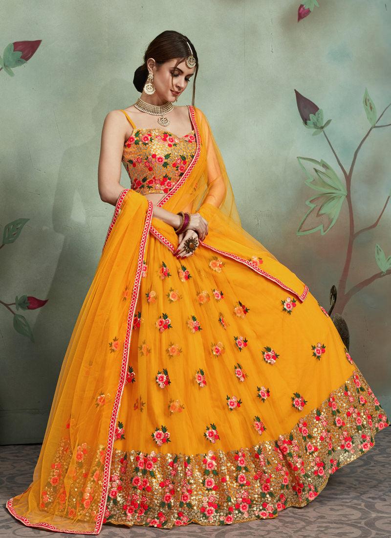 Delightful Soft Net Base Thread Work Yellow Lehenga Choli Cheap Best Store To Get