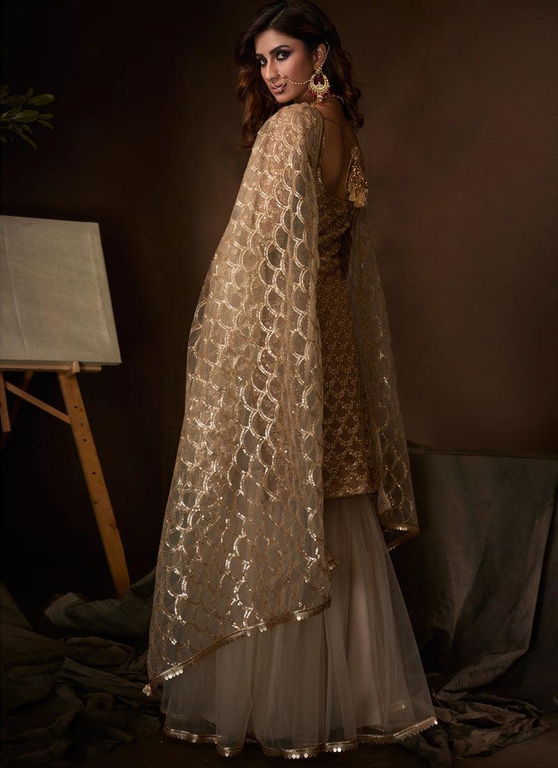 Magnificent Beige Soft Net Base Festive Wear Sequin Sharara Suit(unstitched) Clearance In China