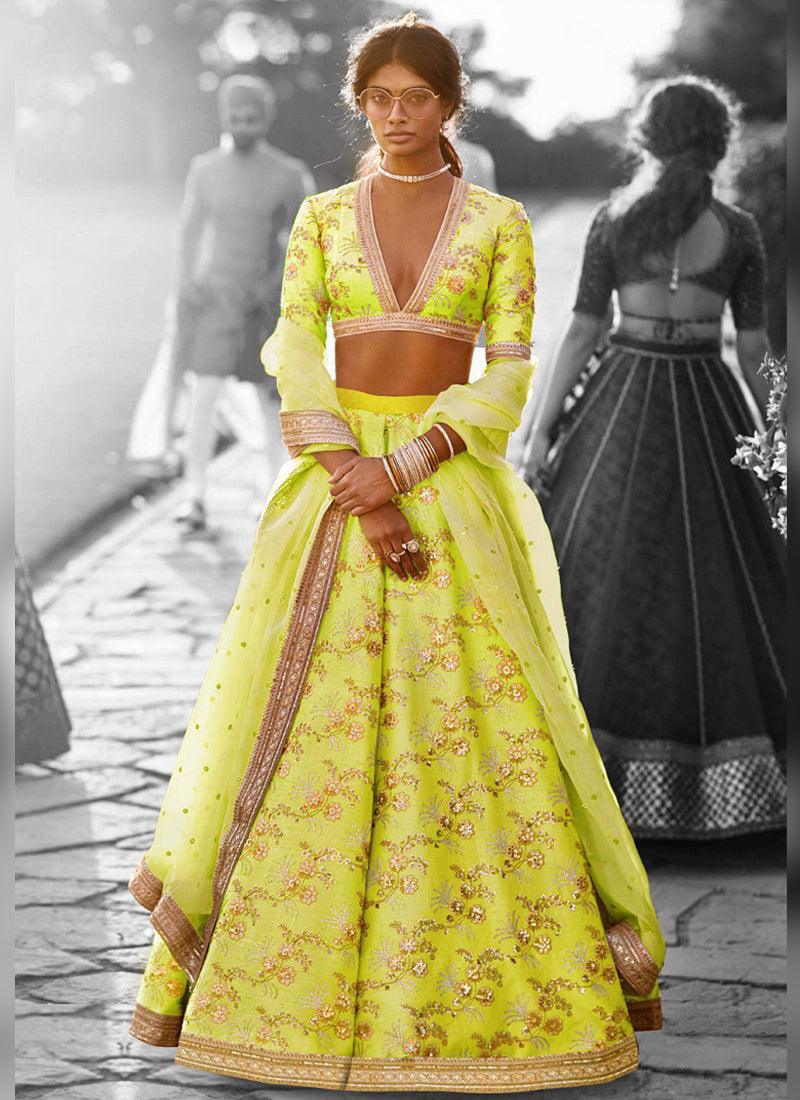 Designer Silk Base Neon Green Color Embroidery Work Lehenga Choli Sale Explore