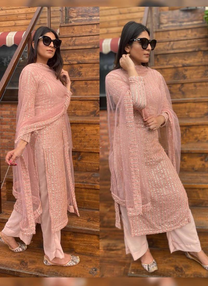 Remarkable Peach Pink Georgette Base pant style Suit Outlet Fashionable