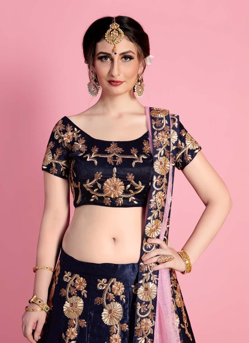 Navy Blue Velvet Embroidered Lehenga Choli Set Wholesale Pice For Sale