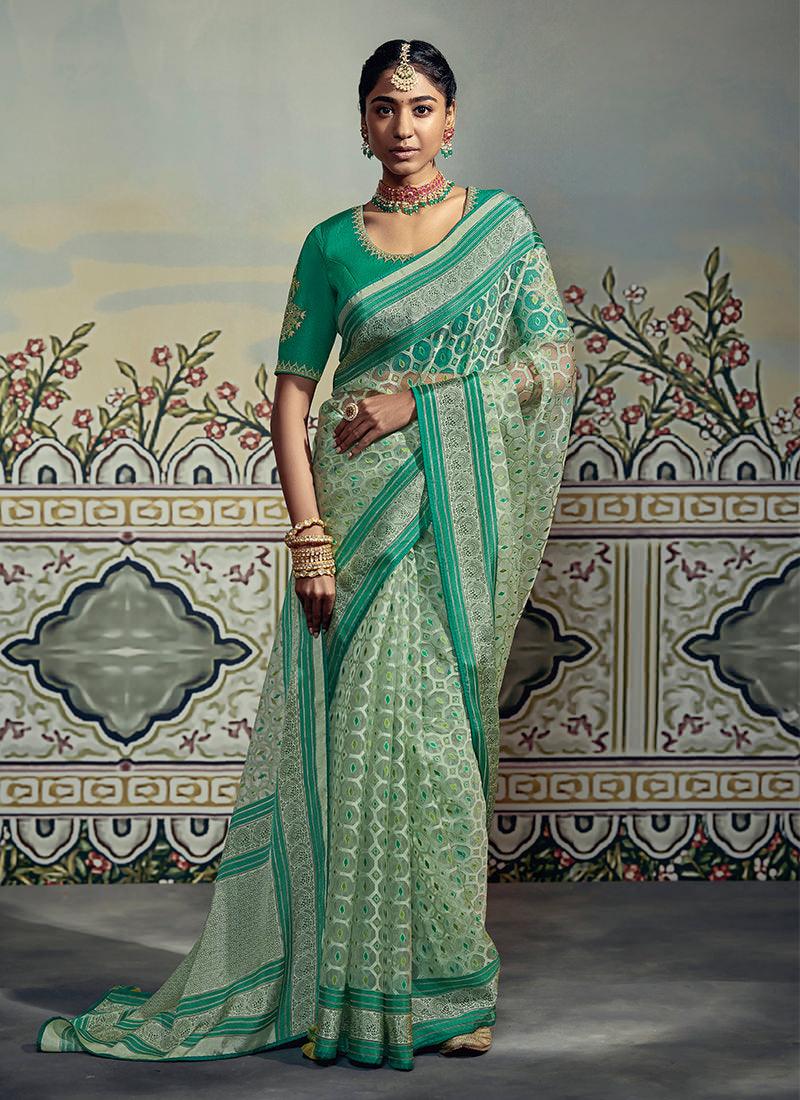 Thread Work Blouse With Sea Green Saree Professional