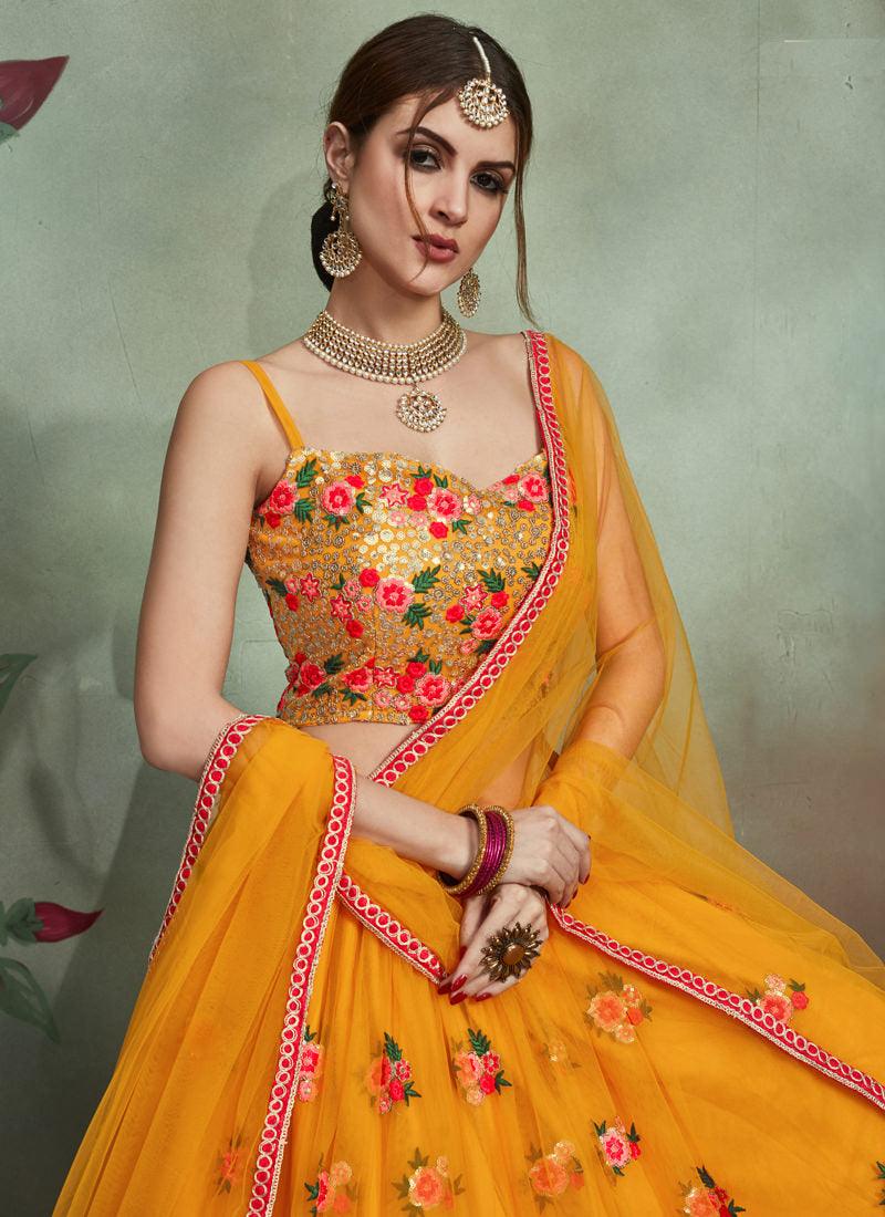 Delightful Soft Net Base Thread Work Yellow Lehenga Choli Cheap Best Store To Get