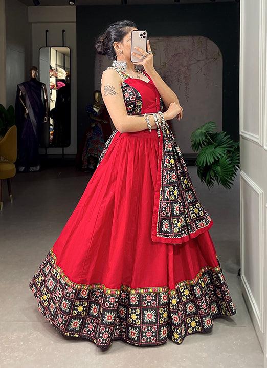 Red and Black Navratri Lehenga Choli in Pure Cotton with Patola Print and Mirror Work Free Shipping 2025 New