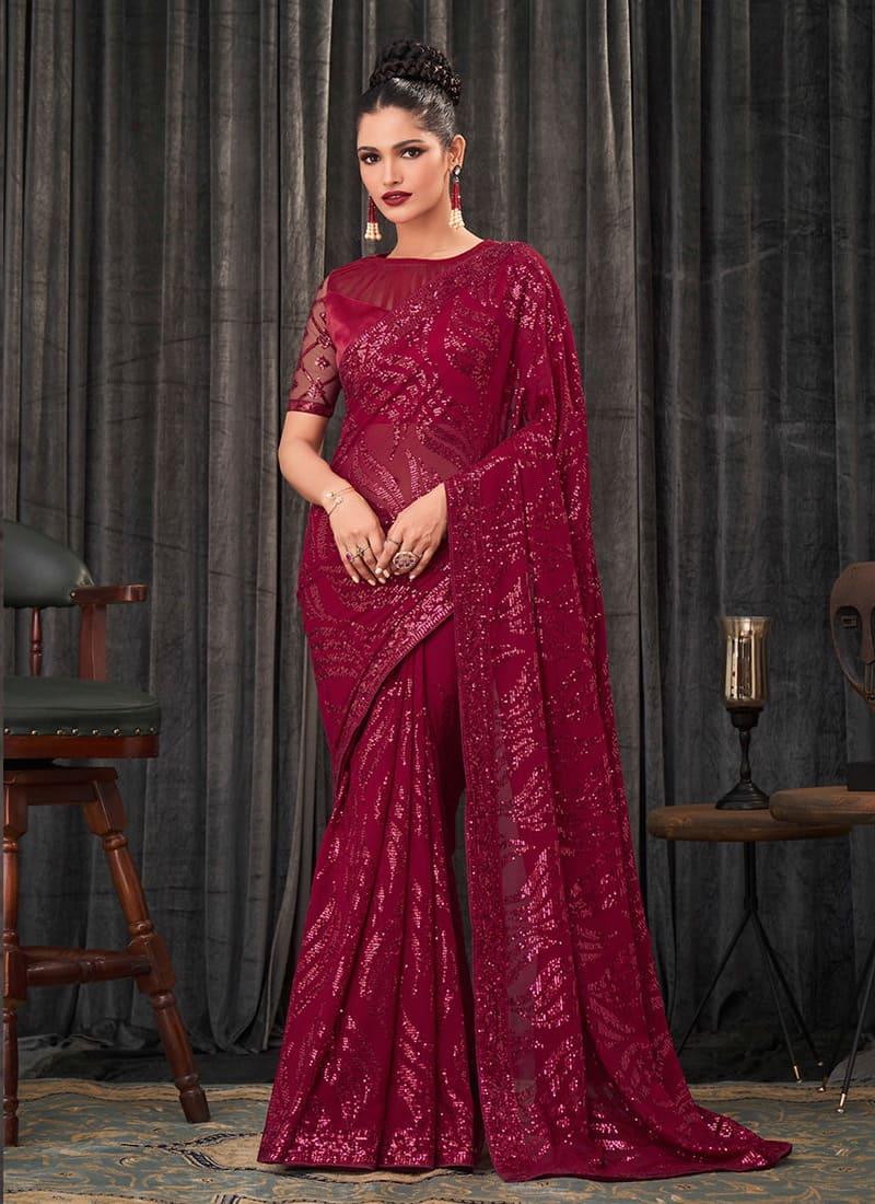 Heavy Sequins Work Magenta Color Saree With Matching Blouse Cheap Sale 100% Guaranteed