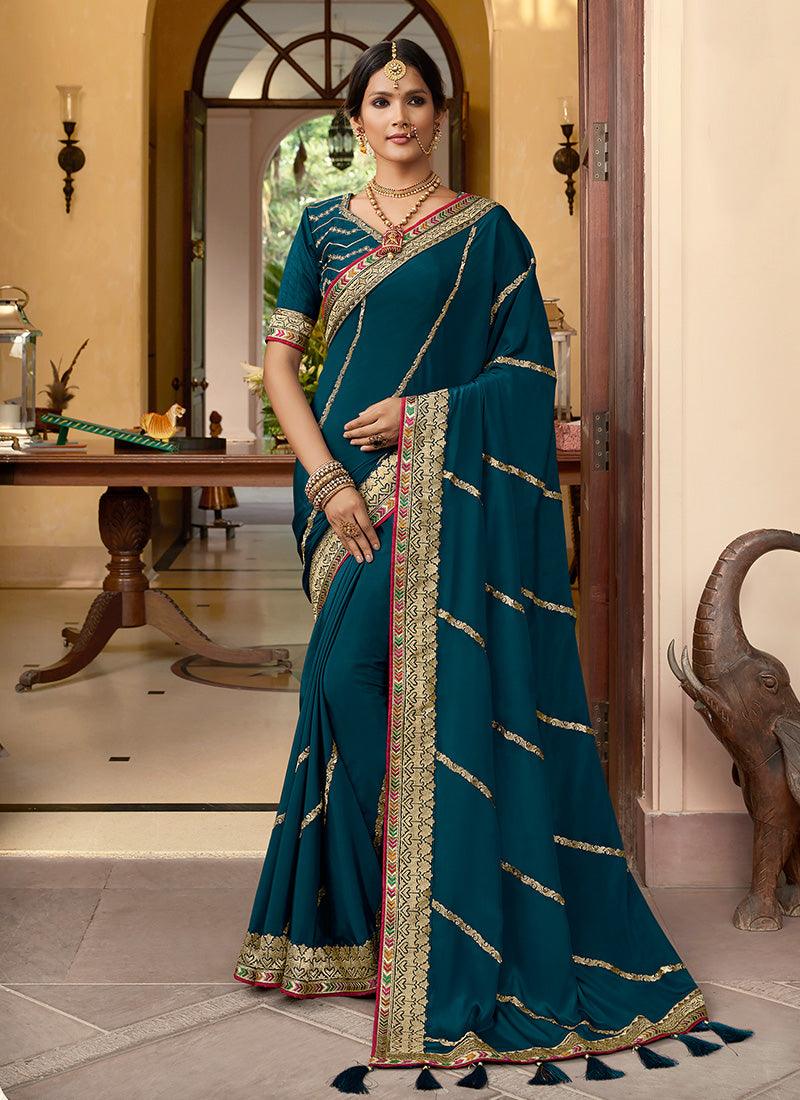 Ravishing Teal Blue Color Silk Weave Silk Fabric Embroidered Saree Free Shipping Best Place