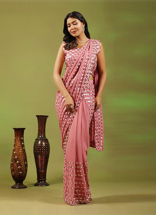 Pink Multi Sequin Work Georgette Ready to Wear Saree Outlet Original