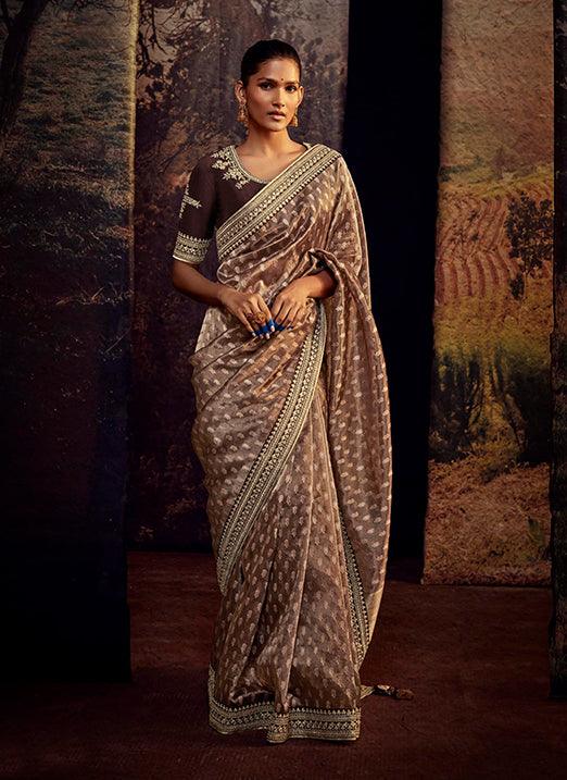 Brown Color with Weaving Embroidery Pastel Saree Discount Cost