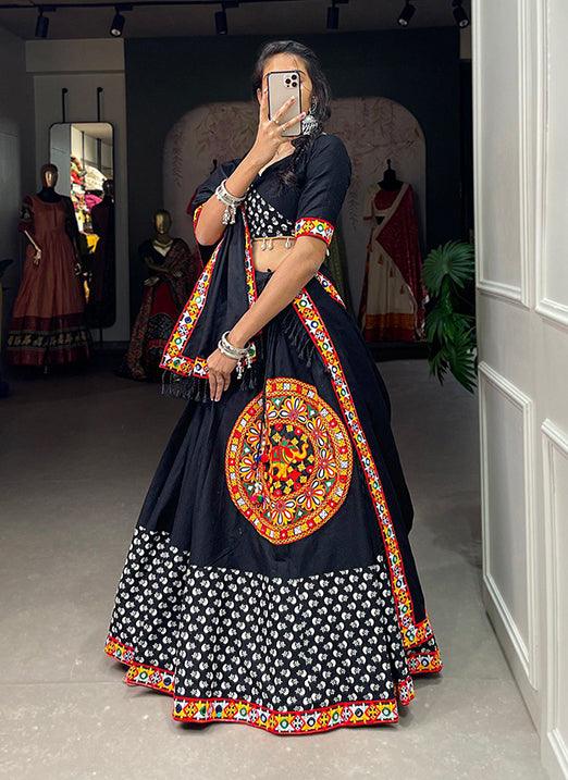 Gamthi & Mirror Work Cotton Black Navratri Lehenga Choli For Cheap Cheap Online