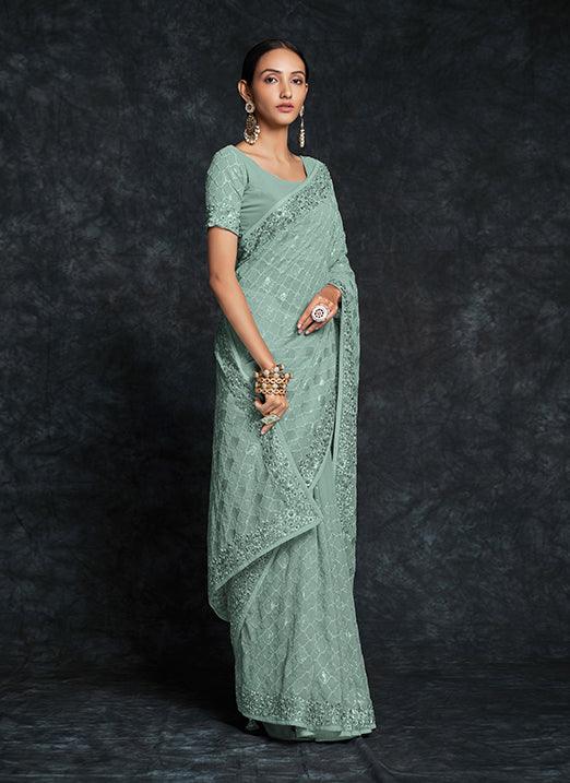 Mesmerizing Pista Green Georgette Saree with Heavy Embroidery Discount For Sale