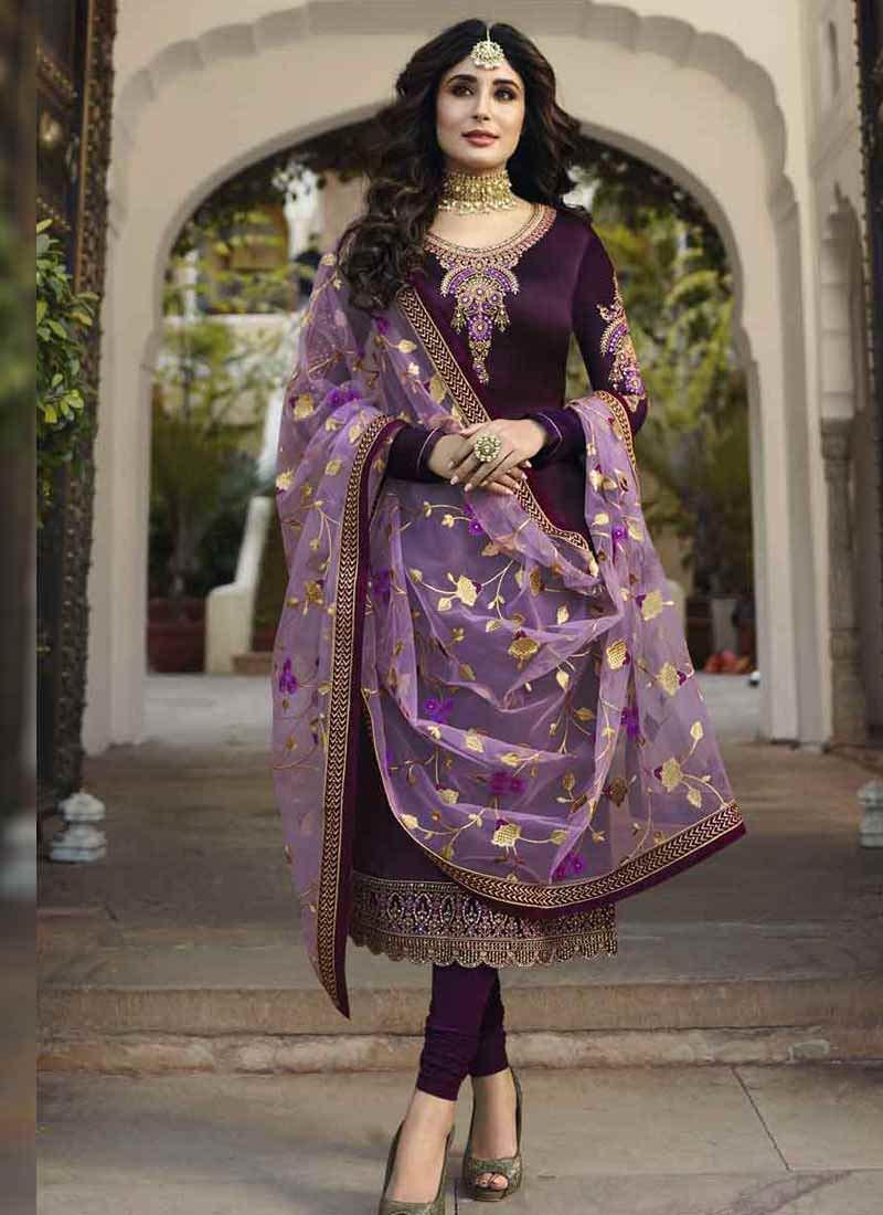 Purple Color Georgette Base Embroidered Salwar Kameez Suit 100% Authentic Cheap Online