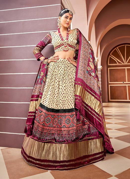 Alluring Cream Art Silk Digital Print Navratri Lehenga Choli Under 70 Dollars