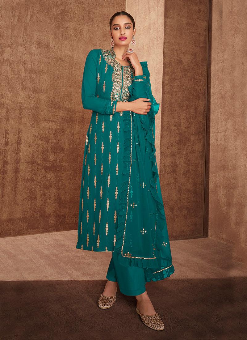 Elegant Look Georgette Base Green Color Sequins Work Pant Style Suit Outlet Online Shop