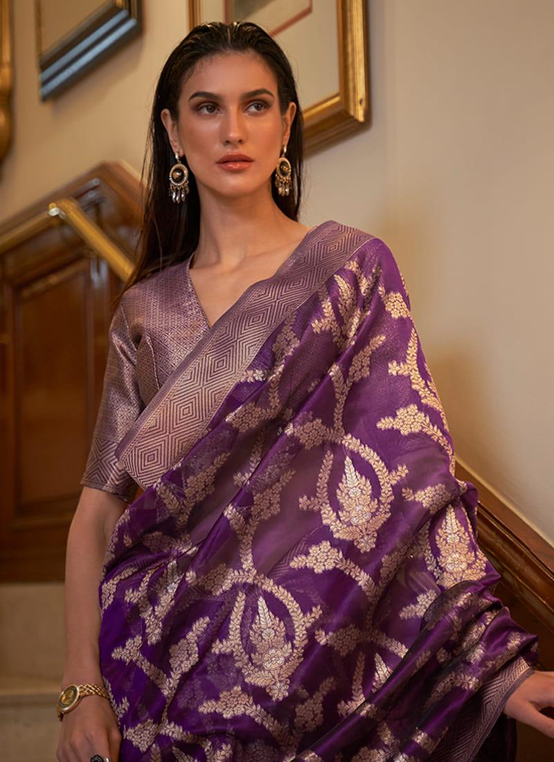 Zari Weaving Purple Two Tone Organza Saree Huge Surprise For Sale