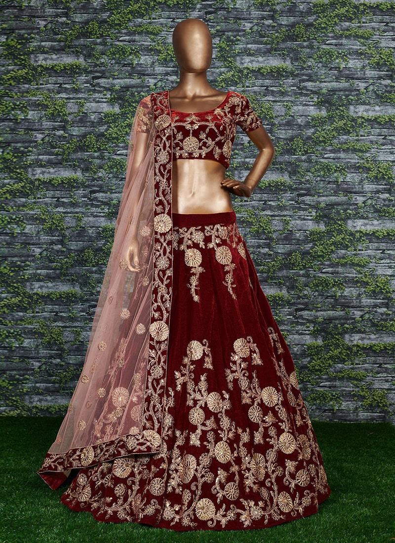 Gulkand Maroon Floral Motif Elegance Velvet Base Bridal Lehenga Choli Cheap Sale Really