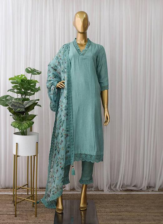 Turquoise Cotton Silk Pant Style Suit with Printed Dupatta Cheap 2025 Newest