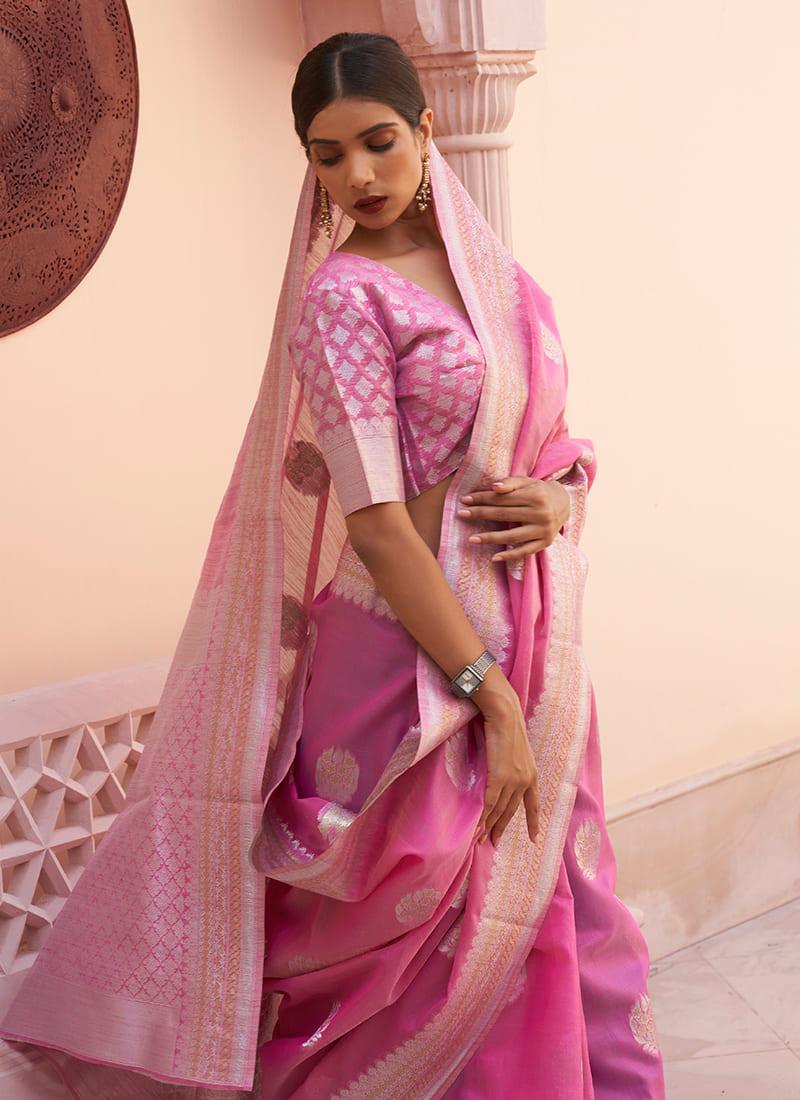 Zari Weaving Pink Linen Saree Classic Cheap Pice