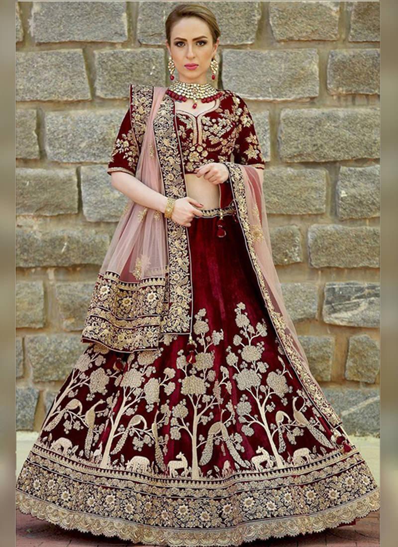 Maroon Velvet Heavy Embroidery Work Bridal Lehenga Choli With Credit Card For Sale