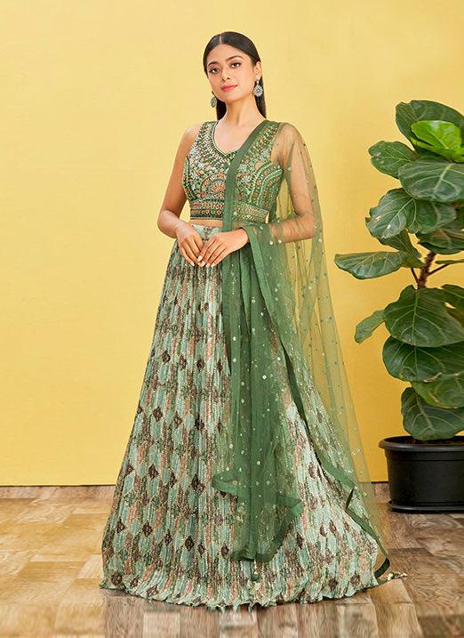 Green Chinnon Lehenga Choli with Real Mirror & Zari Sequins Embroidery Countdown Package Cheap Online