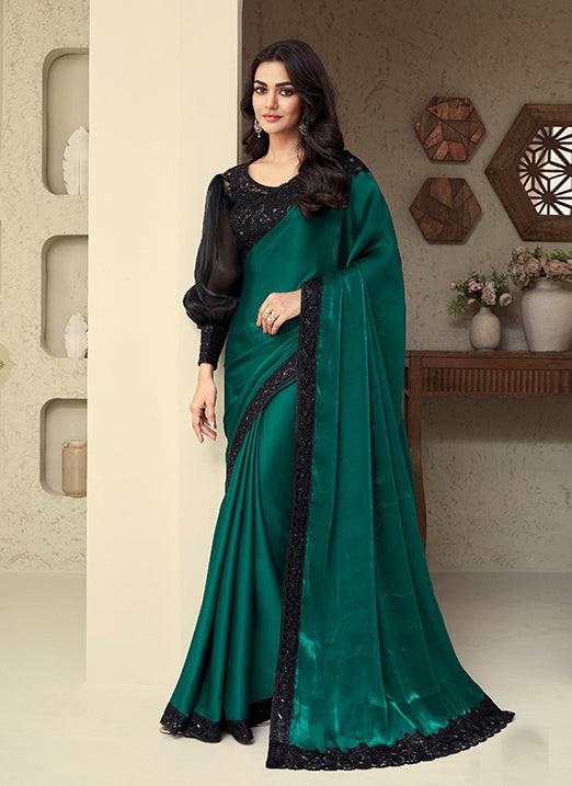 Bottle Green Silk Party Wear Saree with Puff Sleeves Blouse Best Pices Sale Online