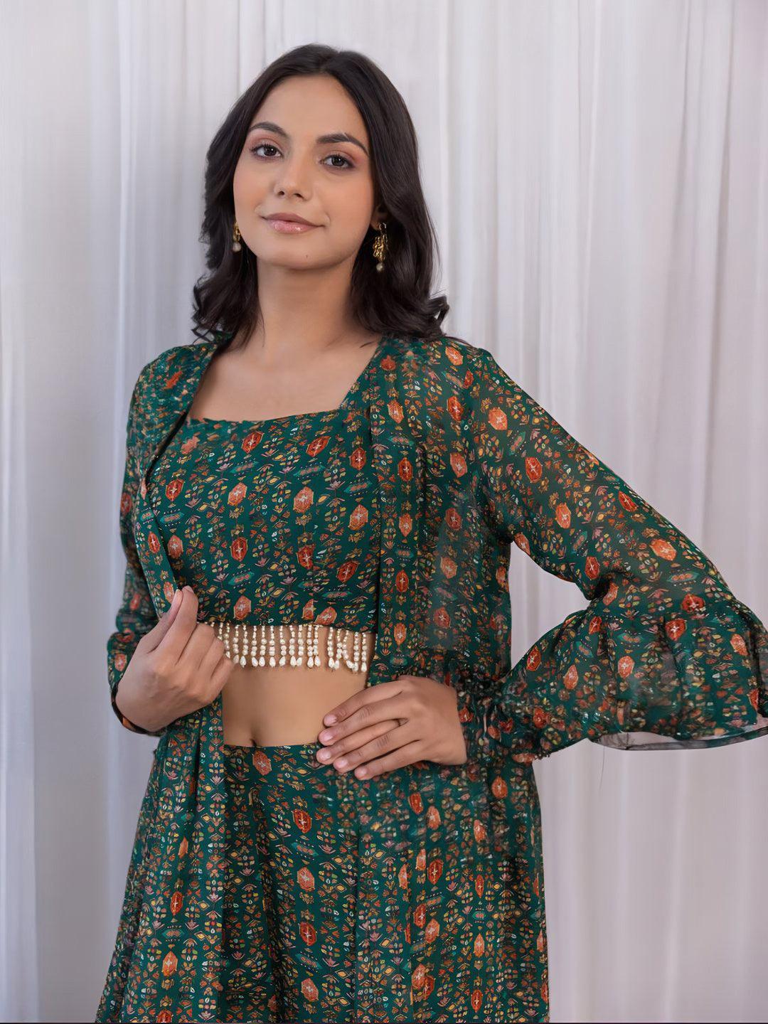 Bottle Green Printed Georgette Crop-Top & Sharara Set Cheap Sale View