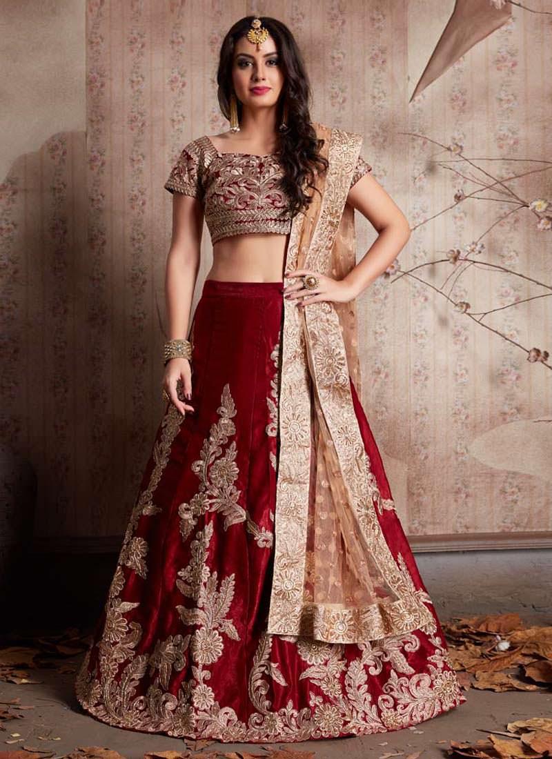 Maroon Heavily Embroidered Velvet Base Lehenga Choli Best Pices Sale Online