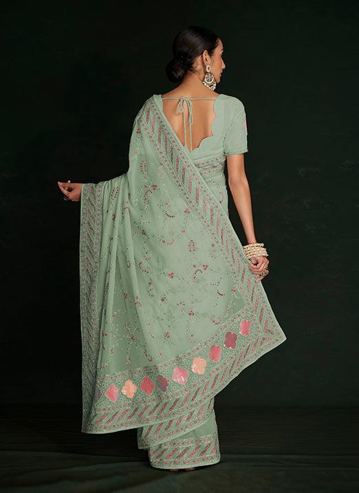 Authentic Pista Georgette Saree with Lucknowi Embroidery Cheap Sale Huge Surprise