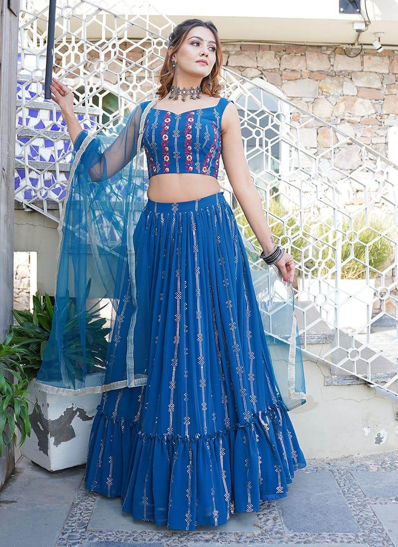 Mukaish Work Ruffle Dusty Blue Lehenga Cheap Sale Pick A Best