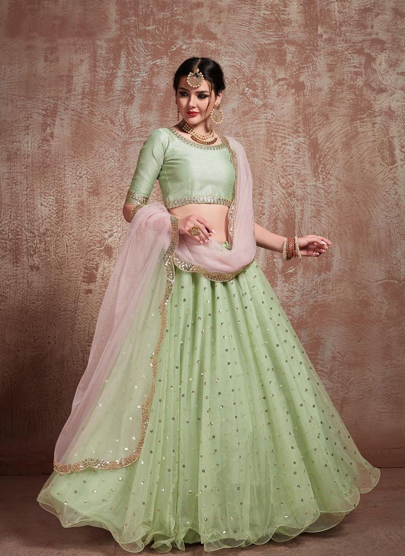 Fabulous Pista Green Color Soft Net Base Lehenga Choli For Mehendi Ceremony Cheap Genuine