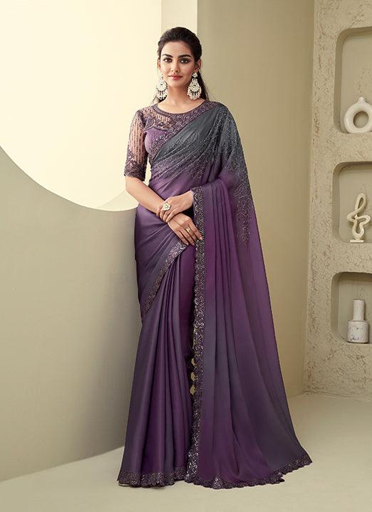 Dark Purple Party Wear Silk Saree with Net Base Blouse Browse Cheap Online