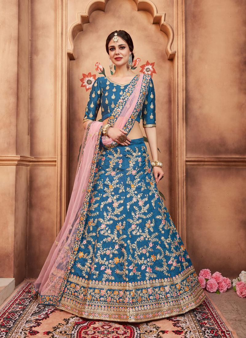 Classic Blue Color Art Silk Base Embroidered Work Lehenga Choli Deals