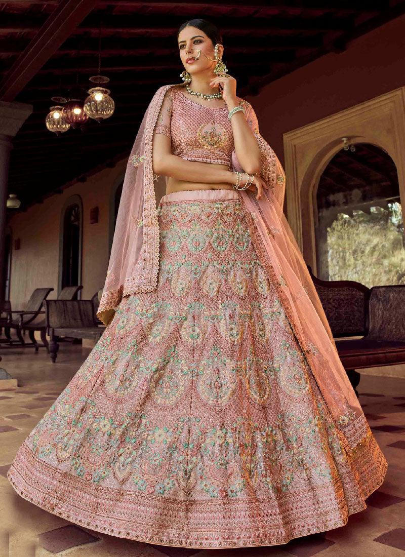 Elegant Look Peach Color Georgette Base Heavy Work Bridal Lehenga Choli Visit Online