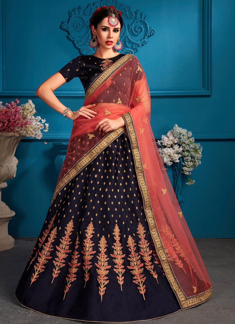 Charming Navy Blue Satin Base Embroidred Lehenga Choli Pices Online