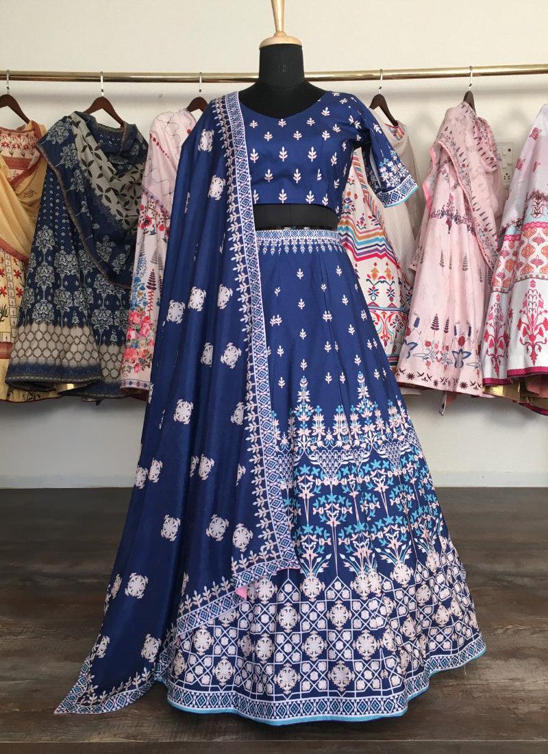 Impressive Navy Blue Silk Base Digital Printed Lehenga Choli Buy