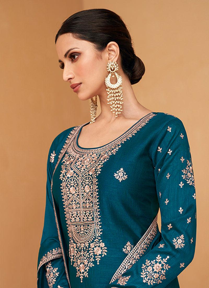 Silk Base Rama Blue Palazzo Suit With Sequins Zari Work Sale In China