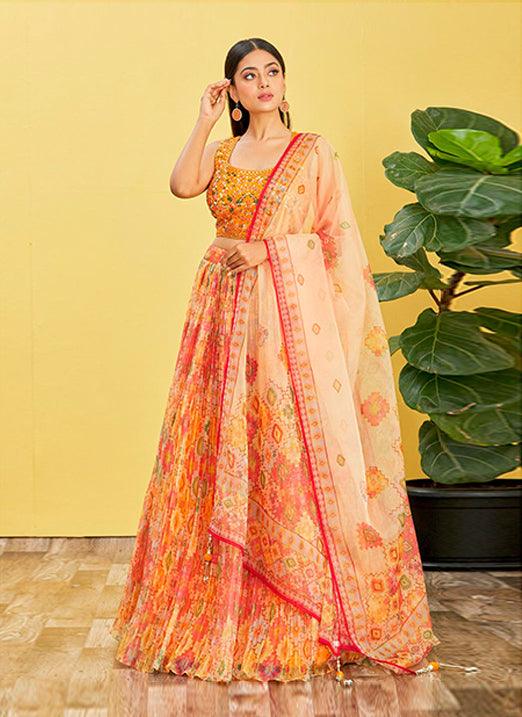 Yellow Organza Lehenga Choli with Real Mirror & Zari Sequin Embroidery Outlet Cheap Online