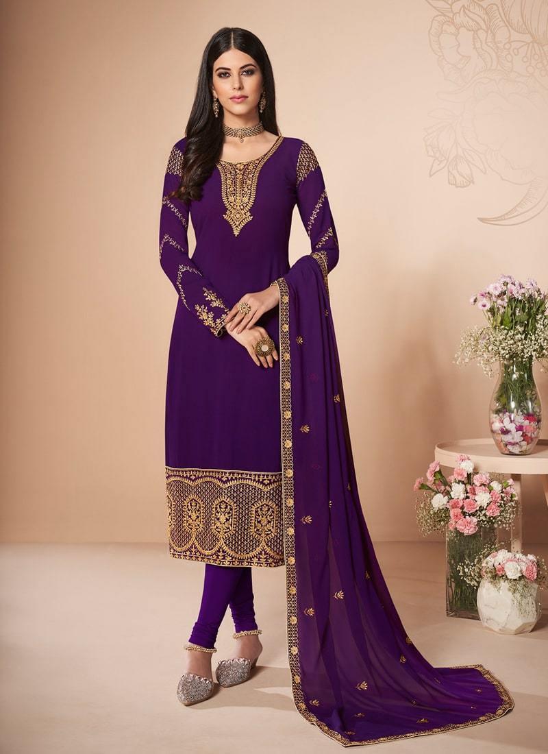 Purple Color Stone And Zari Work Georgette Fabric Pant Style Suit Cheap Sale Genuine