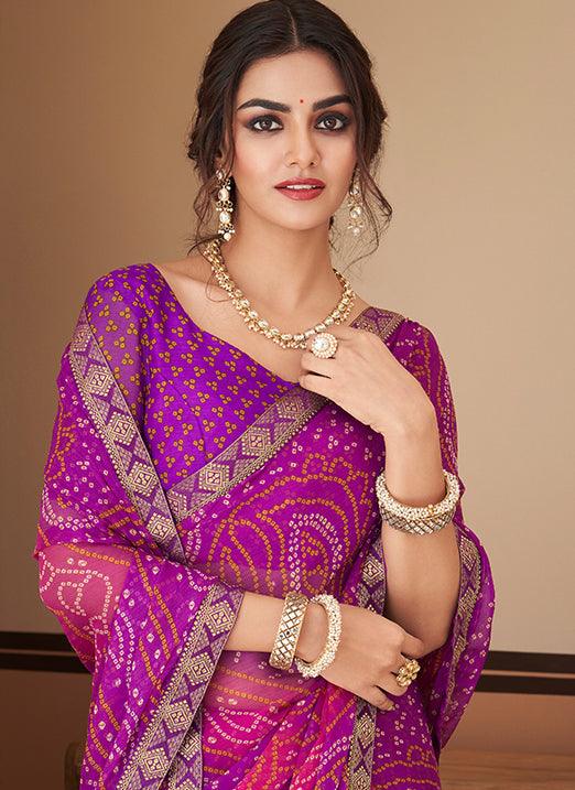 Graceful Purple & Pink Bandhani Chiffon Saree Cheap Sale Inexpensive