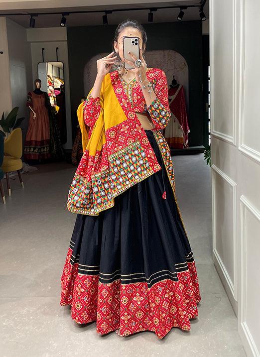 Red and Black Gota Patti Print Cotton Navratri Lehenga Choli Outlet 100% Authentic