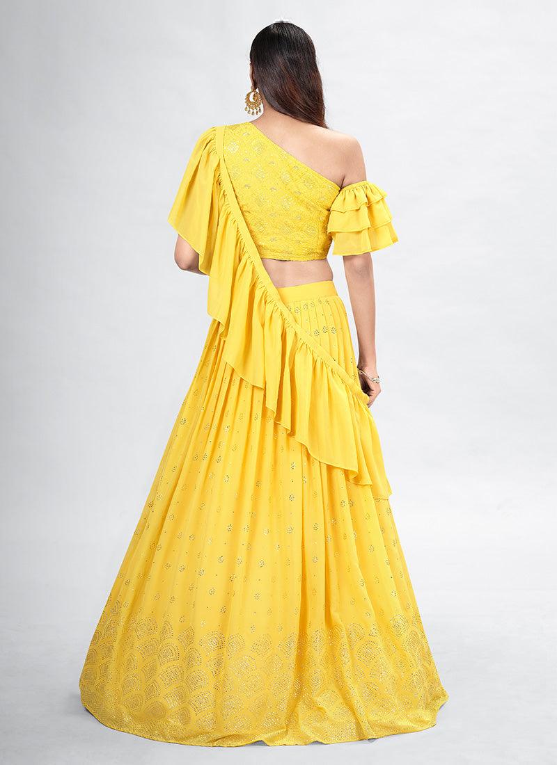 One Shoulder Yellow Designer Chaniya Choli Sale Discount