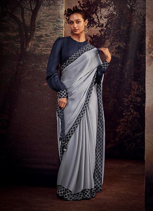 Sky Blue Color Puff Sleeves with Weaving Embroidery Pastel Saree Shop Offer Cheap Pice