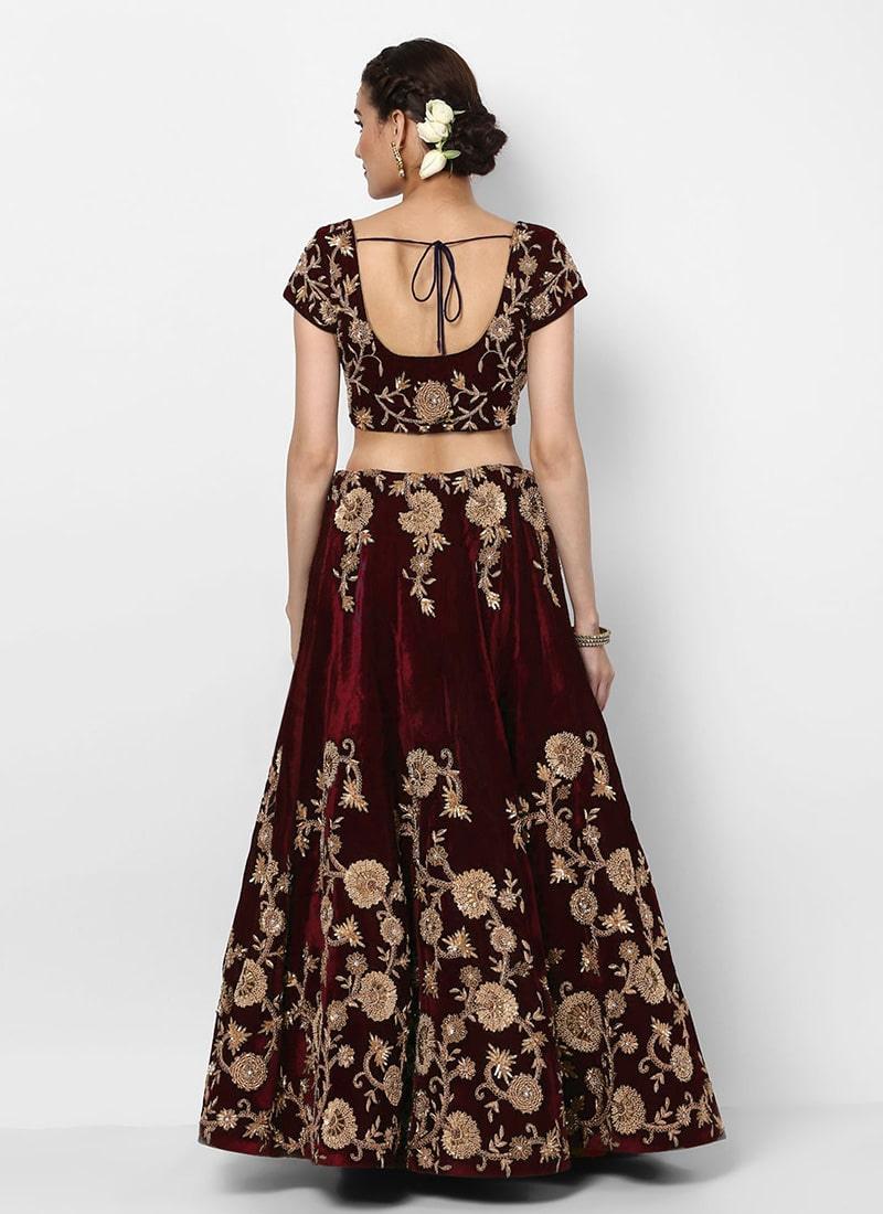 Gulkand Maroon Floral Motif Elegance Velvet Base Bridal Lehenga Choli Cheap Sale Really