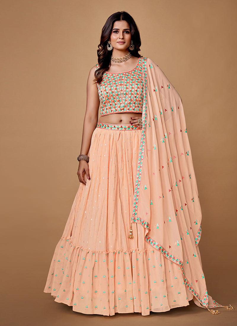 Thread With Pearl Peach Ruffle Lehenga Free Shipping Outlet Store