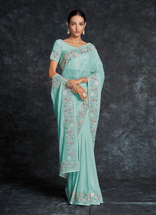 Mesmerizing Blue Georgette Classic Saree with Heavy Embroidery Cheap Sale The Cheapest