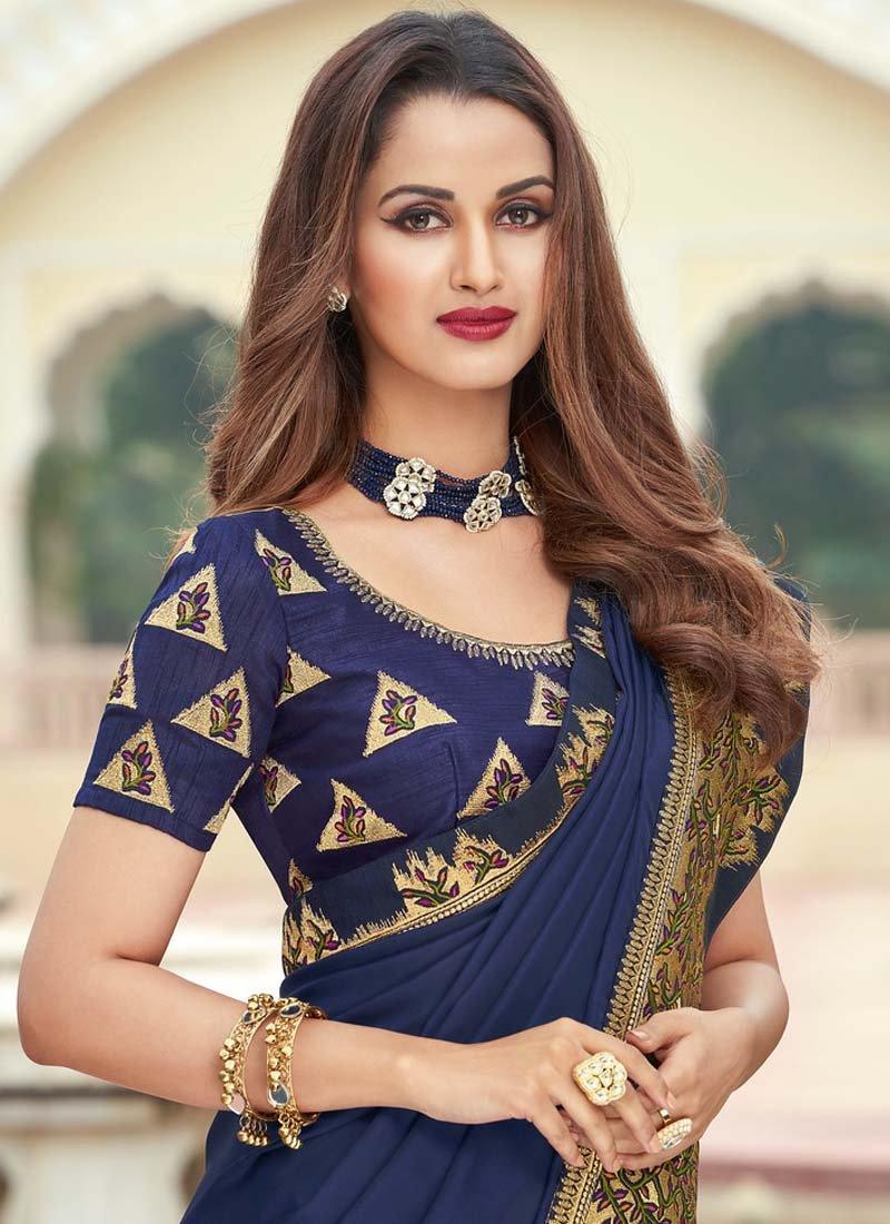 Elegant Silk Fabric Navy Blue Color Laced Border Embroidered Saree Get To Buy For Sale