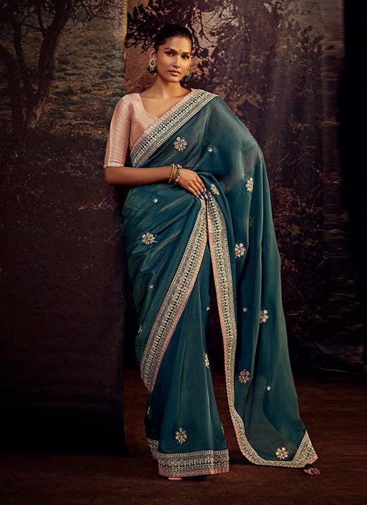 Teal Green Color with Weaving Embroidery Pastel Saree Discount High Quality