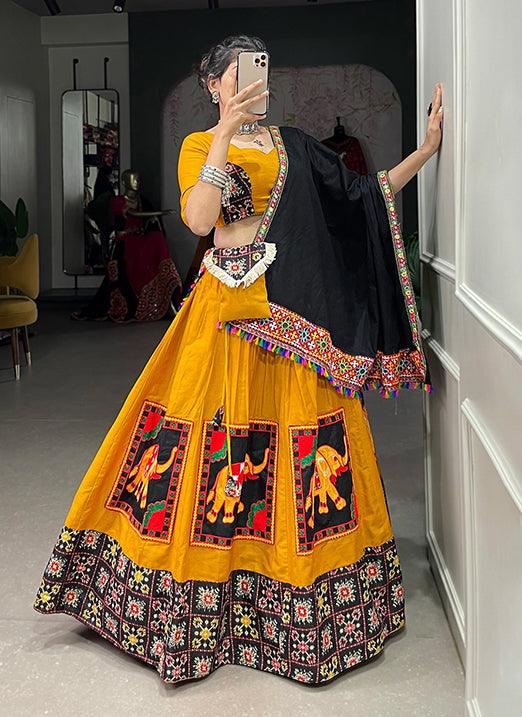 Mustard Yellow Navratri Lehenga Choli in Pure Cotton with Gamthi Patch Work Newest Cheap Pice