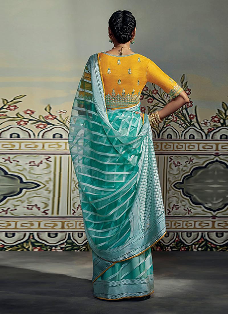 Thread Work Blouse With Turquoise Saree Cheap Fashion Style